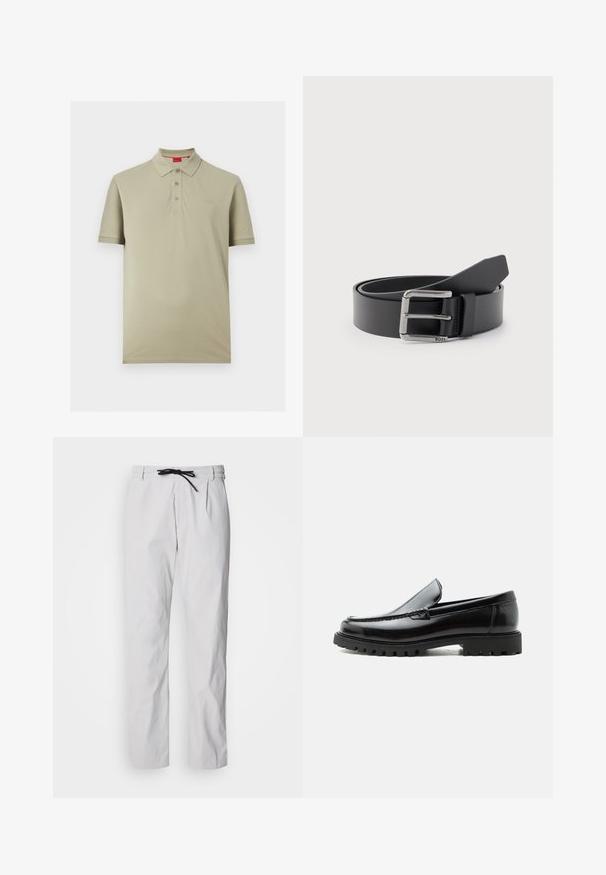 Polo beige clair à manches courtes avec trois boutons et un petit logo "HUGO" sur la poitrine gauche.; Pantalon fuselé en mélange de coton gris clair avec une taille à cordon de serrage. Dispose de plis à l'avant et de poches latérales pour plus de praticité.; Mocassin en cuir noir avec semelle en caoutchouc épaisse, dessus cousu et nom de marque embossé sur le talon, présenté de profil sur fond blanc.; Ceinture en cuir noir enroulée avec une boucle métallique rectangulaire argentée gravée "BOSS" sur un fond gris clair.
