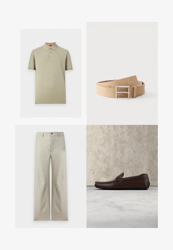 Polo beige clair à manches courtes avec trois boutons et un petit logo "HUGO" sur la poitrine gauche.; Pantalon formel beige clair à jambes droites, fermeture avec bouton et fermeture éclair, passants pour ceinture, présenté sur un fond blanc.; Mocassins en cuir marron avec une finition lisse, des coutures de style mocassin, un bout rehaussé et une semelle en caoutchouc basse et flexible.; Ceinture en cuir suédé couleur fauve avec boucle rectangulaire argentée et passant en cuir, roulée sur un fond blanc.