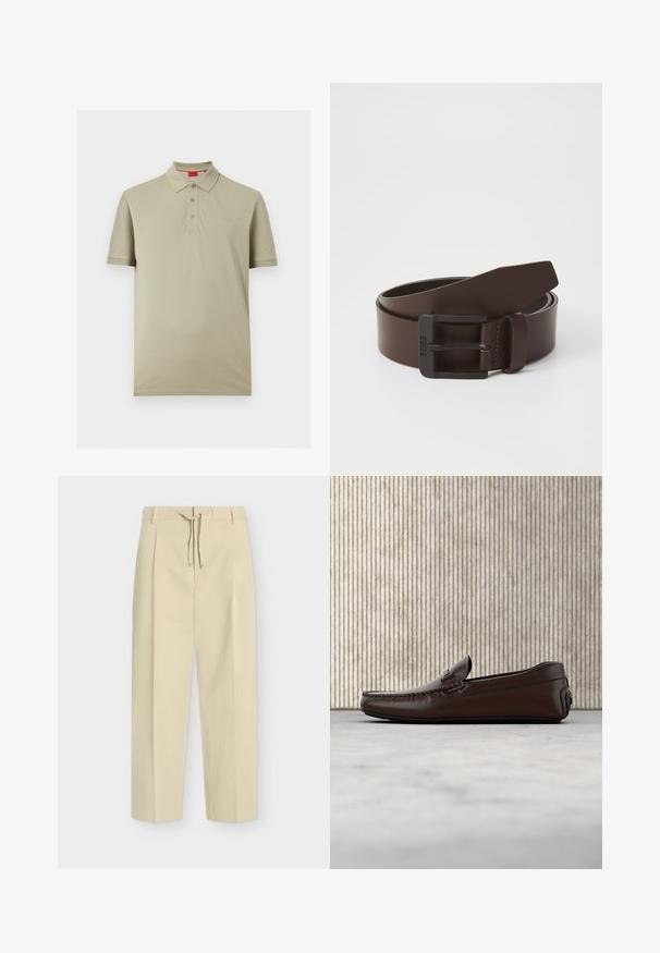 Polo beige clair à manches courtes avec trois boutons et un petit logo "HUGO" sur la poitrine gauche.; Pantalon beige droit avec passants pour ceinture et nouage à l'avant, présentant un design épuré et ajusté ainsi qu'un tissu texturé.; Mocassins en cuir marron avec une finition lisse, des coutures de style mocassin, un bout rehaussé et une semelle en caoutchouc basse et flexible.; Ceinture en cuir brun avec une boucle rectangulaire en métal noir, présentant des détails de couture le long des bords et une texture lisse.