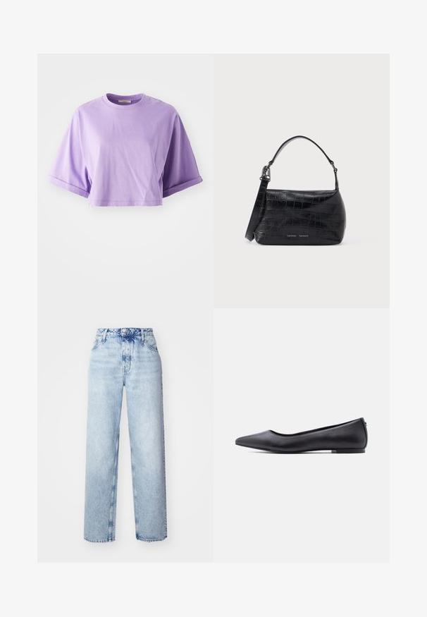 T-shirt à manches courtes, courte, en coton violet clair. Il présente un décolleté rond et des poignets roulés, une texture lisse avec des détails minimaux.; Jeans taille haute bleu clair avec une coupe ample, mettant en avant des jambes droites, cinq poches et une fermeture classique à boutons et zip.; Chaussure plate en cuir noire à bout pointu avec petit talon, vue de profil sur fond blanc.; Sac à bandoulière en cuir noir embossé crocodile avec poignée supérieure et logo imprimé sur le devant.
