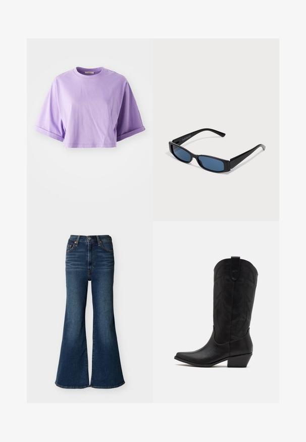 T-shirt à manches courtes, courte, en coton violet clair. Il présente un décolleté rond et des poignets roulés, une texture lisse avec des détails minimaux.; Jean évasé taille haute bleu foncé avec une jambe large, en denim, doté de poches avant et d'une braguette à boutons.; Botte de cowboy en cuir noir avec un bout pointu, un talon bas empilé et un motif de feuilles embossé complexe sur la tige. Boucle en haut pour un enfilage facile.; Lunettes de soleil noires avec une monture rectangulaire élégante et des verres bleus. Présente une texture lisse et des branches robustes. Logo de la marque sur le côté.