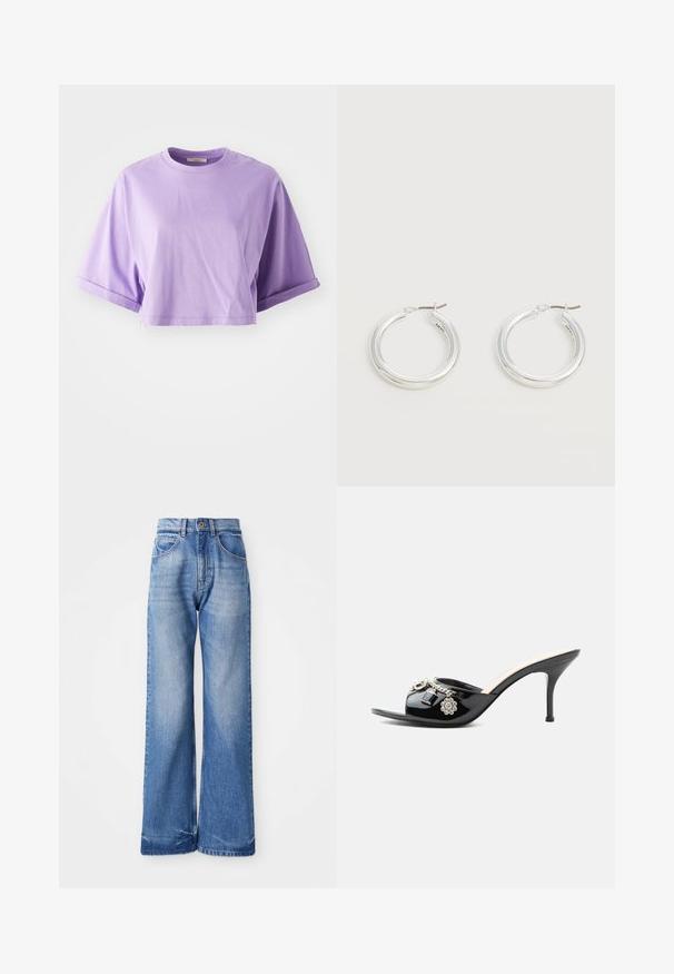 Camiseta corta de manga corta en algodón de color morado claro. Presenta un cuello redondo y puños enrollados, con una textura suave y un detalle mínimo.; Jeans de tiro alto, de mezclilla, de pierna ancha y color azul claro, con cinco bolsillos y sutiles marcas de desgaste en la parte frontal para agregar textura.; Mule de charol negro de tacón alto con punta abierta y adornos decorativos plateados, incluyendo una flor y un candado en la tira delantera.; Par de pendientes de aro plateados brillantes de tamaño mediano con cierres metálicos finos sobre un fondo neutro claro.