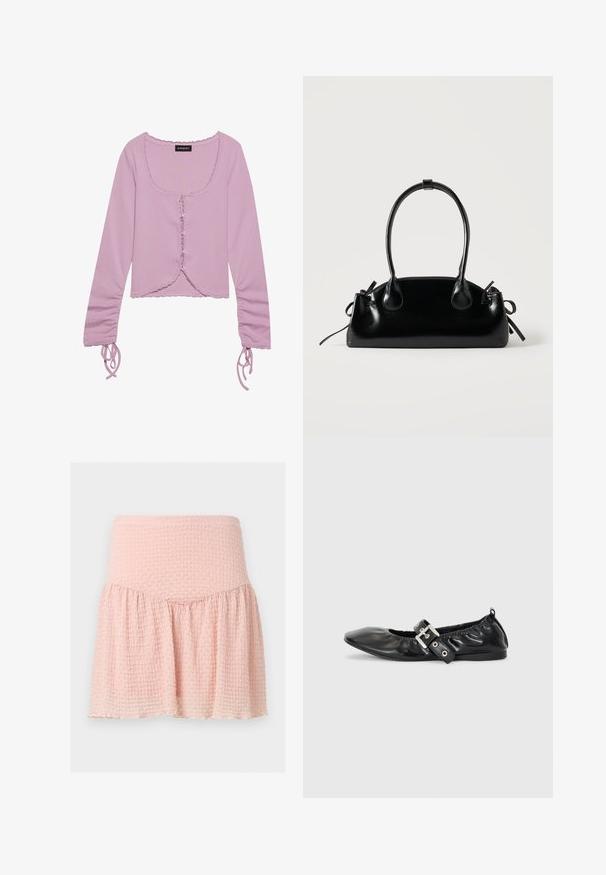 Haut court à manches longues lilas avec un décolleté carré, fermeture à boutons sur le devant, finition froncée et détails de liens réglables sur les manches.; Mini-jupe rose clair texturée avec une large ceinture et un détail de tissu froncé sur un fond uni.; Chaussure plate en cuir noir avec un nez pointu, des détails froncés autour de l'ouverture et un accent en boucle argentée sur la bride ajustable.; Petit sac à main noir brillant avec deux longues anses et des détails à cordon sur les côtés sur un fond clair uni.