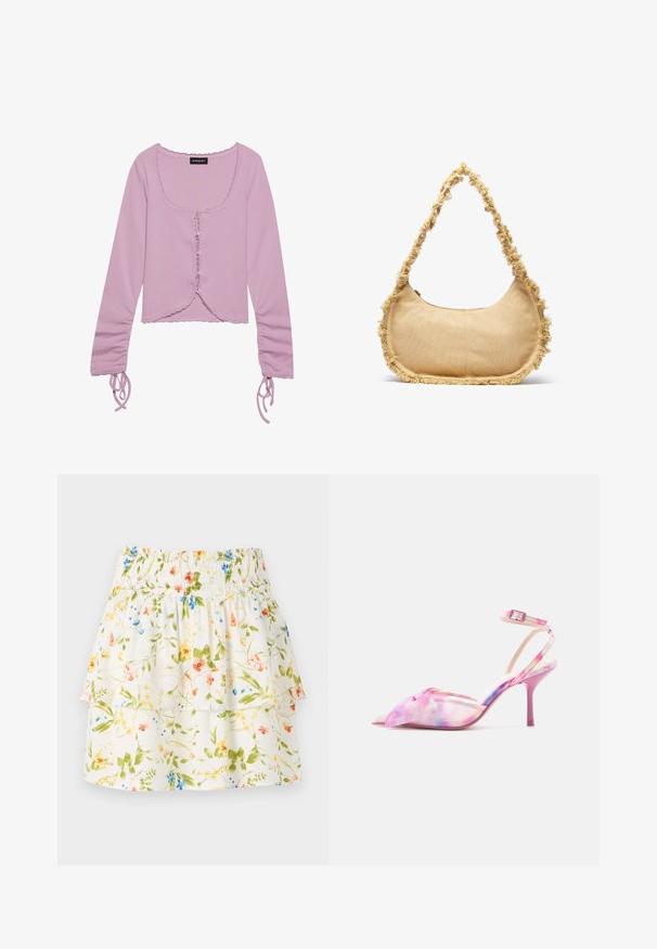 Top corto de manga larga en color Lila, con escote cuadrado, cierre de botones en el frontal, detalles de volantes y lazos ajustables en las mangas.; Falda de estampado floral con cintura fruncida, capas con volantes y fondo blanco que presenta flores en verde, rojo y azul.; Sandalia de tacón alto con correa en el tobillo, punta puntiaguda y lazo decorativo en la parte delantera, teñida en tonos rosa y morado tipo tie-dye.; Bolso beige texturizado con forma redondeada, con un borde deshilachado a lo largo de los lados y una correa corta para llevar. Apertura con cremallera en la parte superior.
