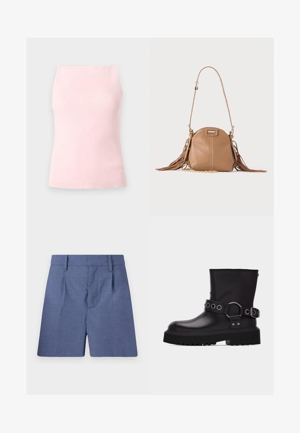Haut sans manches en maille côtelée rose avec un col carré haut et une silhouette ajustée, présenté sur un fond gris neutre.; Shorts bleu sur mesure avec passants de ceinture, plis à l'avant et fermeture frontale cachée, présentés sur fond blanc.; Botte en cuir noire mi-mollet avec semelle épaisse à crampons, bride décorative avec œillets en métal argenté et boucle latérale.; Petit sac à bandoulière en cuir fauve avec longue bandoulière, détail chaîne dorée et franges des deux côtés sur un fond neutre.