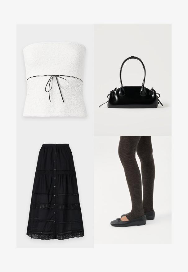 Top sin tirantes de encaje blanco con un patrón floral y un lazo negro en la cintura, que muestra un acabado texturizado.; Falda larga negra de algodón con diseño de capas, que presenta cortes verticales de encaje y cierre con botones en la parte frontal, detalle texturizado en el dobladillo.; Piernas con leggings oscuros acanalados combinados con bailarinas negras que presentan pequeños detalles de lazo sobre un fondo blanco.; Pequeño bolso negro brillante con dos asas largas y detalles de cordón lateral sobre un fondo claro liso.