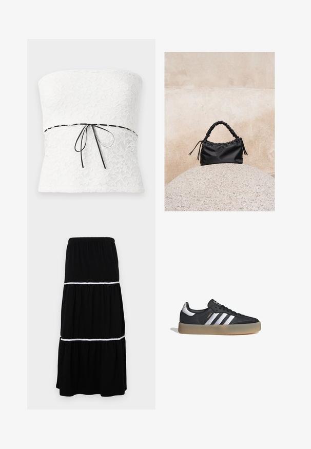 Top sin tirantes de encaje blanco con un patrón floral y un lazo negro en la cintura, que muestra un acabado texturizado.; Falda maxi negra en capas hecha de tela suave; cuenta con una cintura elástica y un borde blanco con forma de concha entre las capas para un detalle adicional.; Zapatilla deportiva de cuero negro con tres rayas plateadas, punta texturizada y suela de goma. Cuenta con un collar acolchado y un diseño con cordones.; Bolso negro fruncido con asa recogida, apoyado sobre una esfera de piedra texturizada frente a una pared de hormigón beige.