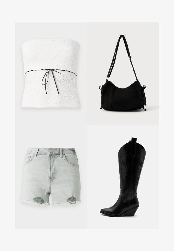 Top sin tirantes de encaje blanco con un patrón floral y un lazo negro en la cintura, que muestra un acabado texturizado.; Shorts de mezclilla gris claro con una cintura alta, detalles desgastados y dobladillos deshilachados, y dos bolsillos frontales. La tela parece suave y usada.; Bota de vaquero de cuero negro con punta puntiaguda, tacón bloqueado inclinado, costuras decorativas y lengüetas en la parte superior sobre fondo blanco.; Bolso de hombro de pana negra con forma curva, correa ajustable y cierres de cordón en ambos lados para ajustar el tamaño.