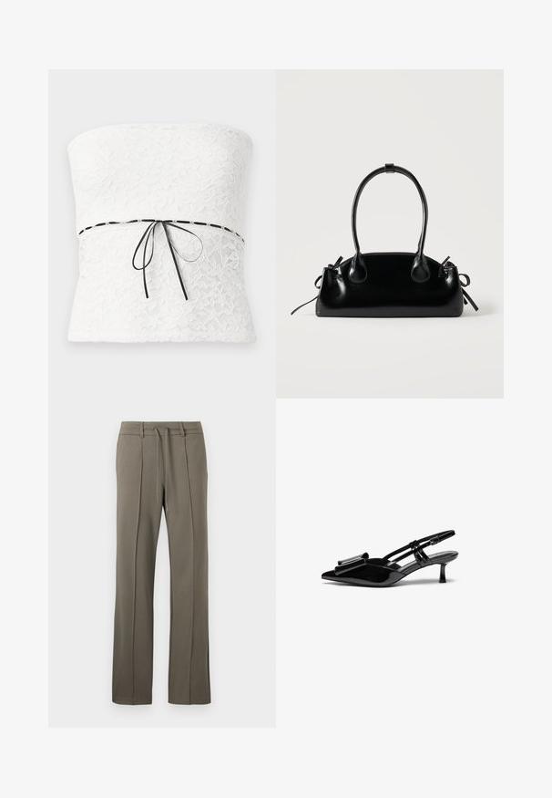 Top sin tirantes de encaje blanco con un patrón floral y un lazo negro en la cintura, que muestra un acabado texturizado.; Pantalones caqui con un diseño de pierna recta, cintura con cordón y dos pliegues frontales. Fabricados con una tela suave y texturizada.; Zapatos de tacón slingback de charol negro con punta afilada, detalle de lazo en el frente y un pequeño tacón de aguja. Las correas tienen hebillas ajustables.; Pequeño bolso negro brillante con dos asas largas y detalles de cordón lateral sobre un fondo claro liso.