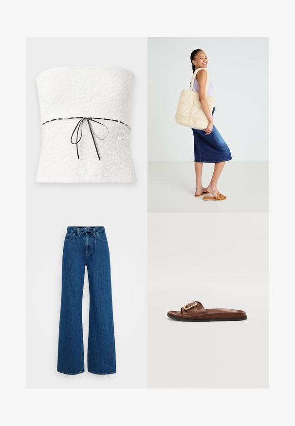 Top sin tirantes de encaje blanco con un patrón floral y un lazo negro en la cintura, que muestra un acabado texturizado.; Jeans de mezclilla azul de talle alto con piernas anchas, bolsillos frontales, presillas para cinturón y un cinturón de tela atado a la cintura sobre un fondo simple.; Sandal de cuero marrón deslizante con una banda ancha y un acento de hebilla dorada, suela plana y textura suave.; Bolso tote de color beige acolchado con asas gruesas, diseño espacioso y textura suave, sostenido por una persona que lleva una blusa de color púrpura claro y una falda de mezclilla azul.