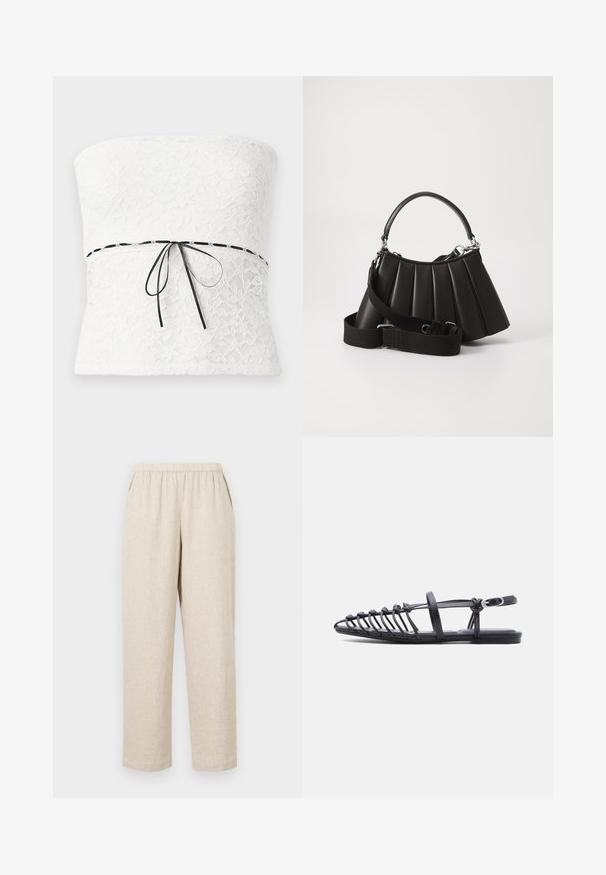 Top sin tirantes de encaje blanco con un patrón floral y un lazo negro en la cintura, que muestra un acabado texturizado.; Pantalones de lino beige con cintura elástica, que cuentan con bolsillos laterales, piernas rectas y un acabado de tela texturizada.; Sandalia plana negra con múltiples tiras delgadas, correa con hebilla en el tobillo y diseño de jaula con punta abierta sobre fondo blanco.; Bolso de mano negro con pliegues, manejo redondeado, correa ajustable y textura brillante. Presenta herrajes plateados y una silueta estructurada.