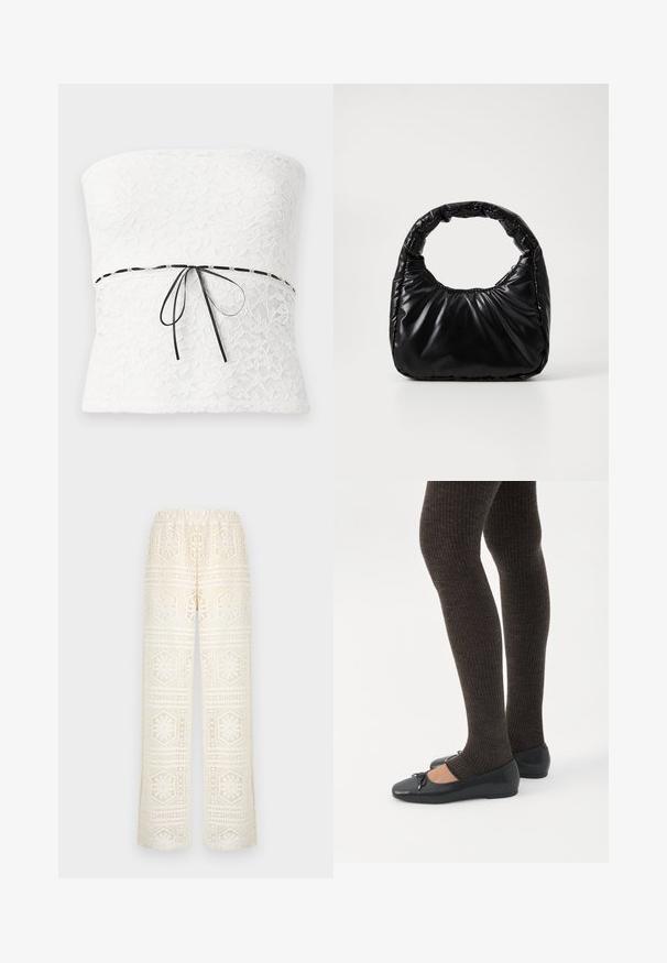 Top sin tirantes de encaje blanco con un patrón floral y un lazo negro en la cintura, que muestra un acabado texturizado.; Pantalones anchos de encaje blanco con patrones recortados geométricos y florales, cintura elástica y tejido semitransparente.; Piernas con leggings oscuros acanalados combinados con bailarinas negras que presentan pequeños detalles de lazo sobre un fondo blanco.; Bolso negro acolchado con un asa redondeada, que presenta una superficie lisa y brillante y una textura suave y acolchada. Sin herrajes ni acentos visibles.