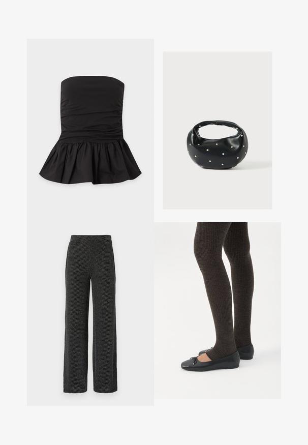Top bustier noir avec tissu froncé et ourlet peplum évasé, présenté à plat sur un fond clair.; Pantalons à jambes larges en tricot noir texturé avec un motif subtil. Dotés d'une taille élastique et d'un tissu doux et respirant pour le confort.; Jambes portant des leggings côtelés foncés associés à des ballerines noires avec de petits détails en nœud sur fond blanc.; Sac à main en cuir noir de forme arrondie, décoré de clous argentés et équipé d'une poignée courte. Texture lisse et fermeture éclair.