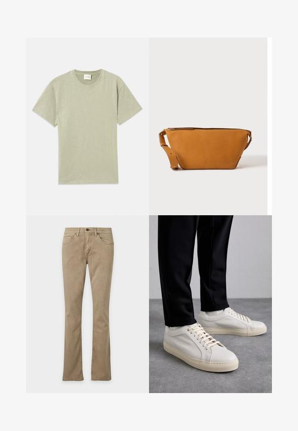 Hellgrünes T-Shirt mit kurzen Ärmeln und Rundhalsausschnitt, mit einem kleinen gestickten Logo auf der unteren linken Frontseite.; Beige Jeans mit geradem Bein, vorderen Taschen, Gürtelschlaufen und Knopfverschluss, vor weißem Hintergrund präsentiert.; Helle beigefarbene Leder-Sneaker mit flachen Schnürsenkeln, einer strukturierten Oberfläche und einer kontrastierenden, cremefarbenen Gummisohle, kombiniert mit schwarzen eng geschnittenen Hosen.; Hellbraune Leder-Umhängetasche mit verstellbarem Schulterriemen und Reißverschluss, vor einem schlichten hellen Hintergrund gezeigt.