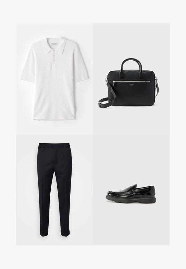 Weißes Poloshirt aus strukturiertem Rippstoff, mit einem Kragen und drei kleinen Knöpfen auf der Vorderseite. Kurze Ärmel und gerader Saum.; Schwarze Hosen aus leichtem Stoff, mit einem elastischen Bund, seitlichen Taschen und aufgerollten Säumen. Glatte Textur mit vorderen Falten.; Schwarze Lederloafer mit glanzendem Finish, abgerundetem Zehenbereich, subtilen Steppnähten und einer dicken Gummisohle für Langlebigkeit.; Schwarze strukturierte rechteckige Lederaktentasche mit Doppelgriffen, vorderer Reißverschlusstasche und verstellbarem Schultergurt, auf weißem Hintergrund dargestellt.