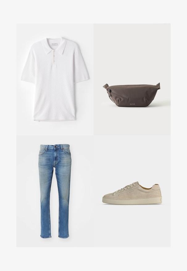 Weißes Poloshirt aus strukturiertem Rippstoff, mit einem Kragen und drei kleinen Knöpfen auf der Vorderseite. Kurze Ärmel und gerader Saum.; Helle blaue Jeans im geraden Schnitt mit Reißverschluss, fünf Taschen und einer leicht verwaschenen Textur.; Beiger Wildleder-Low-Top-Sneaker mit Schnürverschluss und dicker Gummisohle, von der Seite auf weißem Hintergrund gezeigt.; Dunkelbraune Stoff-Gürteltasche mit diagonalem Reißverschlussfach und kleinem weißen Logo vorne, vor einem einfarbigen hellen Hintergrund.