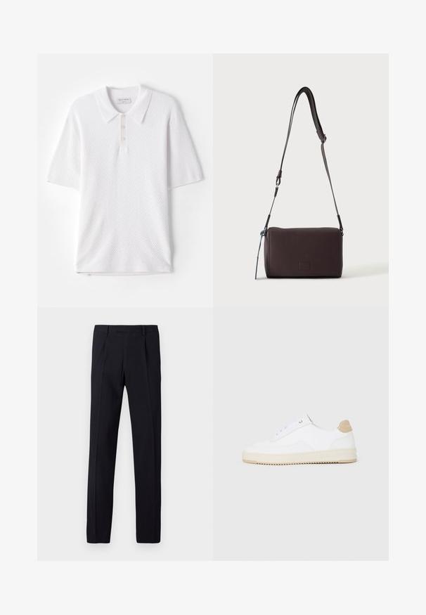 Weißes Poloshirt aus strukturiertem Rippstoff, mit einem Kragen und drei kleinen Knöpfen auf der Vorderseite. Kurze Ärmel und gerader Saum.; Schwarze Hose mit texturierter Oberfläche, geradem Schnitt, Gürtelschlaufen und gebügelten Bügelfalten vorne. Keine sichtbaren Taschen.; Weiße Low-Top-Sneaker mit einem strukturierten Lederobermaterial, cremefarbener, geriffelter Sohle und einem braunen Akzent an der Ferse. Mit weißen Schnürsenkeln und Logodetail an der Ferse.; Dunkelbraune, strukturierte Leder-Crossbody-Tasche mit verstellbarem Riemen und kleinem dekorativen blauen Akzent an der Seite.