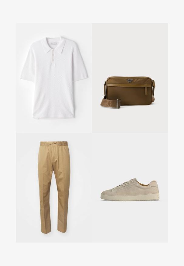 Weißes Poloshirt aus strukturiertem Rippstoff, mit einem Kragen und drei kleinen Knöpfen auf der Vorderseite. Kurze Ärmel und gerader Saum.; Beige Hose mit elastischem Taillengummi und verstellbarem Kordelzug. Glatte Textur, gerade Beine und minimalistisches Design.; Beiger Wildleder-Low-Top-Sneaker mit Schnürverschluss und dicker Gummisohle, von der Seite auf weißem Hintergrund gezeigt.; Braune rechteckige Umhängetasche mit vorderer Reißverschlusstasche, verstellbarem Riemen mit Markenprägung und Metall-Logo in der oberen Mitte.