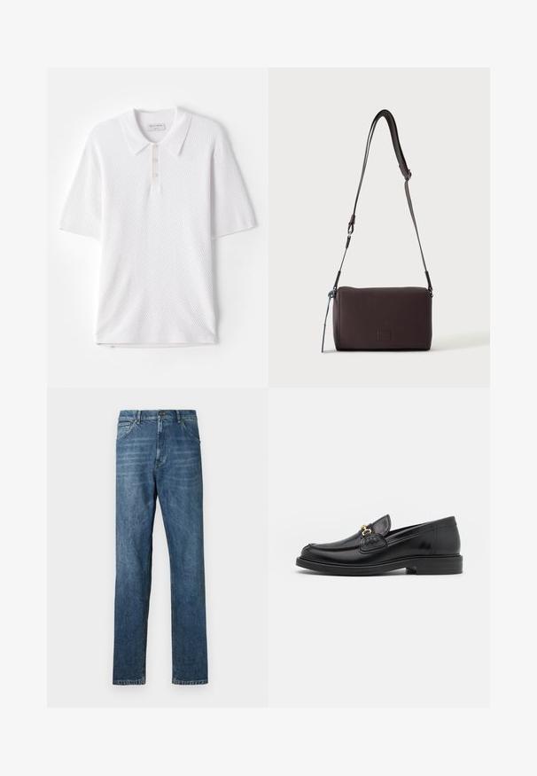 Weißes Poloshirt aus strukturiertem Rippstoff, mit einem Kragen und drei kleinen Knöpfen auf der Vorderseite. Kurze Ärmel und gerader Saum.; Dunkelblaue Denim-Jeans, gerades Bein-Design, Fünf-Taschen-Stil, sichtbare Nähte und ein klassischer Knopfverschluss. Leichter Waschungseffekt auf dem Stoff.; Schwarze Lederleter mit einer abgerundeten Zehenpartie, ausgestattet mit goldenen Hardwareakzenten und Stichdetails, auf einer niedrigen, strukturierten Gummisohle.; Dunkelbraune, strukturierte Leder-Crossbody-Tasche mit verstellbarem Riemen und kleinem dekorativen blauen Akzent an der Seite.