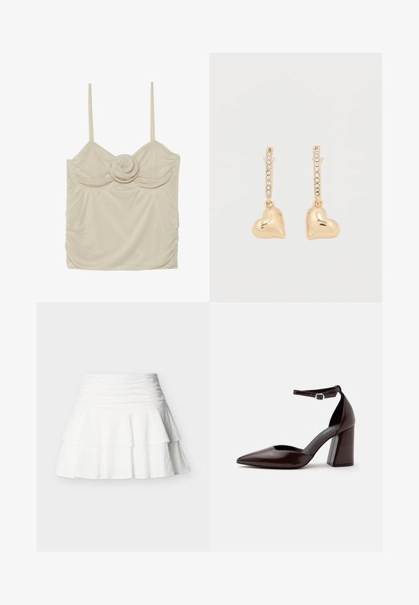 Débardeur beige sans manches avec un détail en rose au centre, présentant un tissu texturé et des côtés froncés pour un look ajusté.; Mini-jupe blanche à volants avec taille haute plissée, en tissu texturé, présentée sur un fond uni.; Chaussure à talon haut en cuir marron foncé à bout pointu, avec bride à la cheville et boucle argentée sur fond blanc.; Boucles d'oreilles en or avec pendentifs en forme de cœur, agrémentées d'une rangée de petits strass sur le cercle. Surface lisse et réfléchissante.