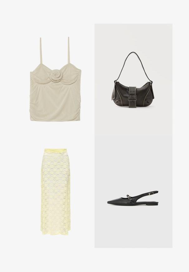 Débardeur beige sans manches avec un détail en rose au centre, présentant un tissu texturé et des côtés froncés pour un look ajusté.; Jupe maxi en dentelle jaune avec un motif ondulé, dotée d'une taille lisse et d'une texture douce et transparente. Conçue pour une silhouette fluide.; Chaussures slingback en cuir noir avec un bout pointu, comprenant une lanière étroite et un accent de boucle argentée sur le côté. Semelle plate.; Sac à épaule en cuir noir avec une sangle à boucle, des bords arrondis et des coutures blanches contrastées sur un fond uni.