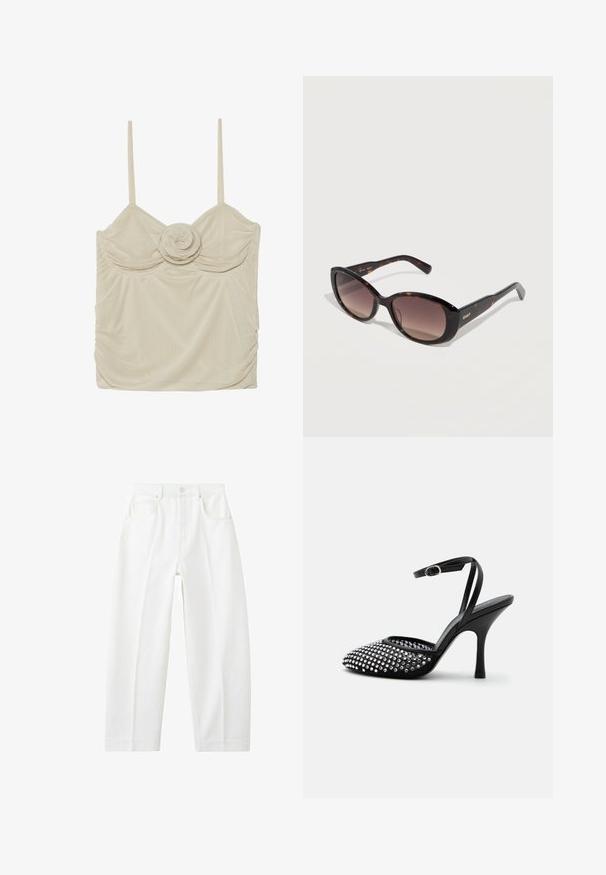 Débardeur beige sans manches avec un détail en rose au centre, présentant un tissu texturé et des côtés froncés pour un look ajusté.; Jean blanc à taille haute, coupe droite, avec poches avant, passants pour ceinture et fermeture par bouton.; Chaussure noire à talon haut avec bride à la cheville, bout pointu et devant décoré de clous argentés sur une base en mesh transparent.; Lunettes de soleil œil de chat en écaille de tortue avec des verres dégradés brun et le logo "QUAY" sur la branche, sur un fond clair.