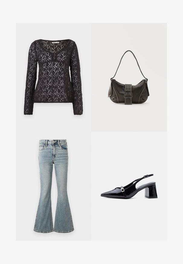 Haut noir à manches longues en tissu de dentelle à maillage ouvert, avec un col en V et trois boutons au niveau de l'encolure, motif texturé en losanges.; Jean denim bleu clair taille haute avec jambes évasées, bouton à l'avant, fermeture éclair, et design à cinq poches sur fond blanc.; Escarpin à bride arrière en cuir verni noir, bout pointu, petit talon bloc bas, avec deux petites boucles argentées sur les brides.; Sac à épaule en cuir noir avec une sangle à boucle, des bords arrondis et des coutures blanches contrastées sur un fond uni.
