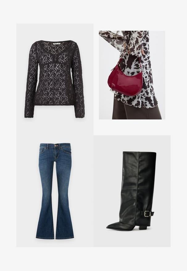 Haut noir à manches longues en tissu de dentelle à maillage ouvert, avec un col en V et trois boutons au niveau de l'encolure, motif texturé en losanges.; Jeans évasés bleu foncé en denim, avec une conception à cinq poches, des passants de ceinture et une fermeture à bouton à l'avant. Texture lisse avec un minimum de décoloration.; Bottes noires en cuir longueur cheville avec un bout pointu, texture lisse et une accent en boucle argentée sur le côté. Talon carré épais.; Femme portant un chemisier à motif noir et blanc tenant un sac à main rouge brillant sur un fond uni.