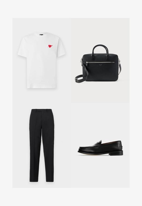 Witte katoenen t-shirt met een ronde hals en korte mouwen, voorzien van een kleine rode hart met een pijl grafiek op de linkerkant van de borst.; Theory STRAIGHT - Broek - deep black; Zwarte leren herenloafer met een lage hak en mocassinstiksels op de teen, zijaanzicht op een effen achtergrond.; Zwart gestructureerde rechthoekige leren aktetas met dubbele handvatten, voorvak met rits en verstelbare schouderriem, weergegeven op witte achtergrond.