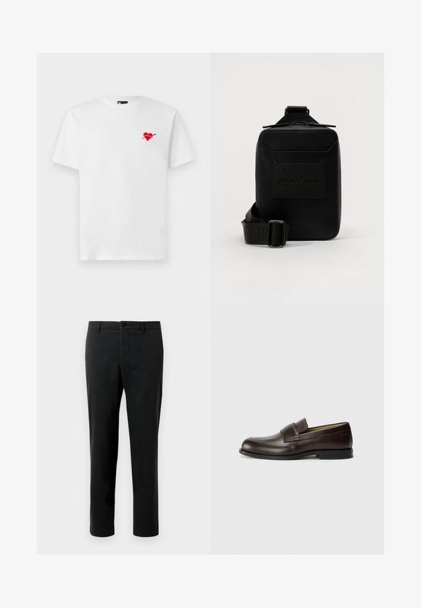 Camiseta de algodón blanca con cuello redondo y mangas cortas, que presenta un pequeño corazón rojo con un gráfico de una flecha en el lado izquierdo del pecho.; Pantalones negros de tela con una textura suave, que presentan un corte clásico, un cierre de botón y bolsillos laterales. Sin patrones ni acentos.; Calvin Klein Zapatos sin cordones - cocoa brown; Bolso crossbody de cuero negro con superficie texturizada, cierre de cremallera, bolsillo frontal con logo en relieve, correa ajustable con nombre de la marca.
