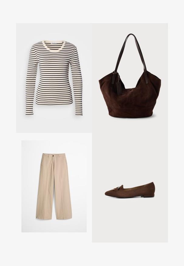T-shirt à manches longues avec des rayures horizontales noires et crème, un col rond et une coupe ajustée. En coton doux.; Pantalon beige à jambes larges avec pli frontal, passants pour ceinture, fermeture par bouton et une petite étiquette en tissu sur le côté droit de la ceinture.; Chaussure plate marron à bout pointu avec détail décoratif de boucle sur le dessus, sur fond clair uni.; Handbag en cuir suédé marron avec une forme douce et souple. Doté de poignées en cuir et d'une étiquette décorative. Texture plain avec des coutures courbes.