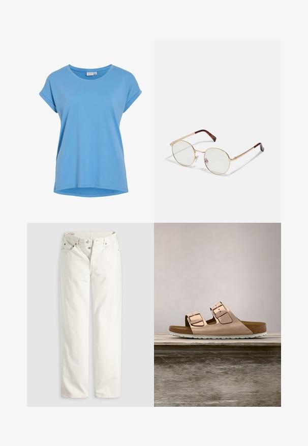 Camiseta de manga corta azul clara con cuello redondo, de suave tela de algodón y un corte holgado. Presenta mangas enrolladas y un dobladillo curvado.; Vaqueros blancos de talle alto con pierna recta, cremallera de botones, bolsillos delanteros y traseros, y remaches de cobre visibles en las esquinas de los bolsillos.; Sandalias deslizantes en oro rosa con dos hebillas metálicas ajustables, plantilla de corcho y suela de goma blanca. Acabado metálico suave, diseño de punta abierta.; Gafas de metal dorado con forma ovalada y lentes transparentes. Detalles en carey en las patillas. Almohadillas nasales ajustables para mayor comodidad.