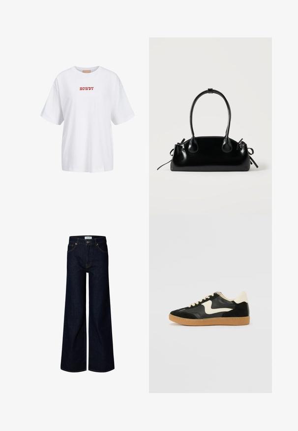 Hvid bomulds t-shirt med korte ærmer, med rød tekst "HOWDY" trykt på forsiden. Løs pasform med rund halsudskæring.; Mørkeblå bredbenede denimjeans med frontknap og lynlås, bæltestropper og frontlommer, vist på en hvid baggrund.; Sorte ruskinds- og lædersneakers med en cremefarvet side-swoosh og lys cremefarvet hæl. Har beige snørebånd og en gummirubber-sål.; Lille sort blank håndtaske med to lange håndtag og snøre-detaljer i siden på en ensfarvet lys baggrund.