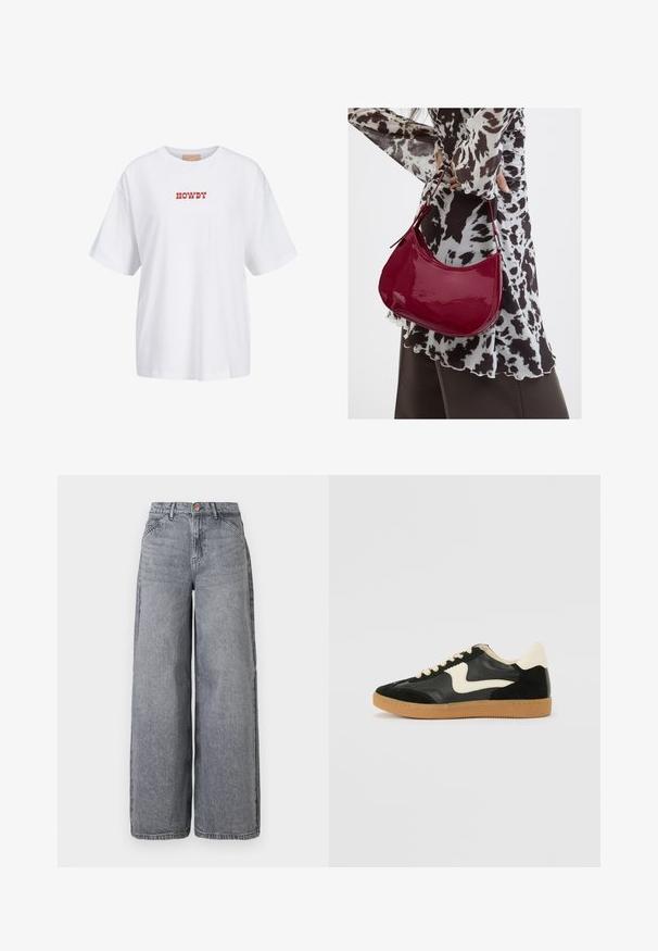 Hvid bomulds t-shirt med korte ærmer, med rød tekst "HOWDY" trykt på forsiden. Løs pasform med rund halsudskæring.; Bredde ben denim jeans i en falmet grå vask, med fem lommer, en knaplukning og en blød tekstur med subtile fældningsdetaljer.; Sorte ruskinds- og lædersneakers med en cremefarvet side-swoosh og lys cremefarvet hæl. Har beige snørebånd og en gummirubber-sål.; Kvinde iført en sort- og hvidmønstret bluse, der holder en blank rød skuldertaske mod en ensfarvet baggrund.