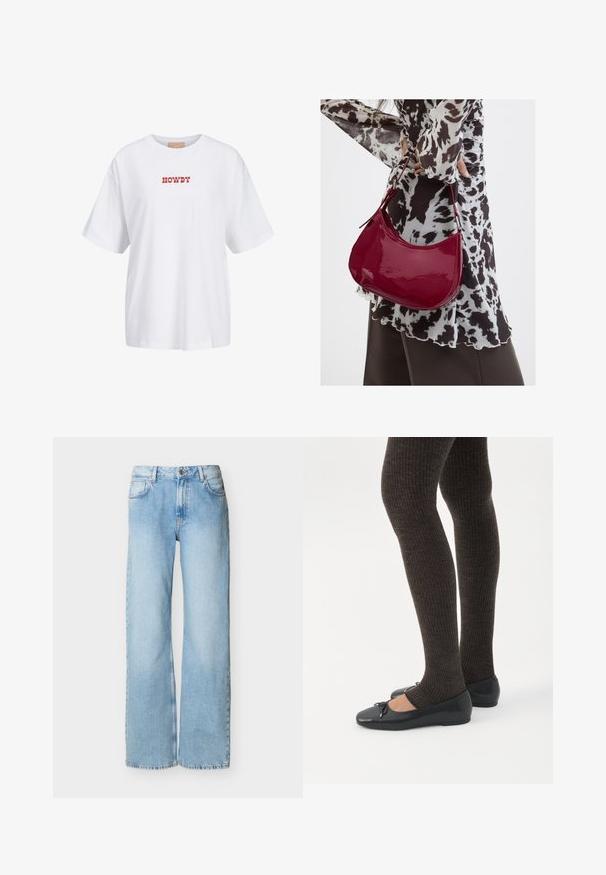 Hvid bomulds t-shirt med korte ærmer, med rød tekst "HOWDY" trykt på forsiden. Løs pasform med rund halsudskæring.; Lyseblå højhalsede vid ben denimjeans med knap- og lynlåslukning foran, for- og baglommer, vist på hvid baggrund.; Ben iført mørke ribbede leggings kombineret med sorte balletsko med små sløjfedetaljer på hvid baggrund.; Kvinde iført en sort- og hvidmønstret bluse, der holder en blank rød skuldertaske mod en ensfarvet baggrund.