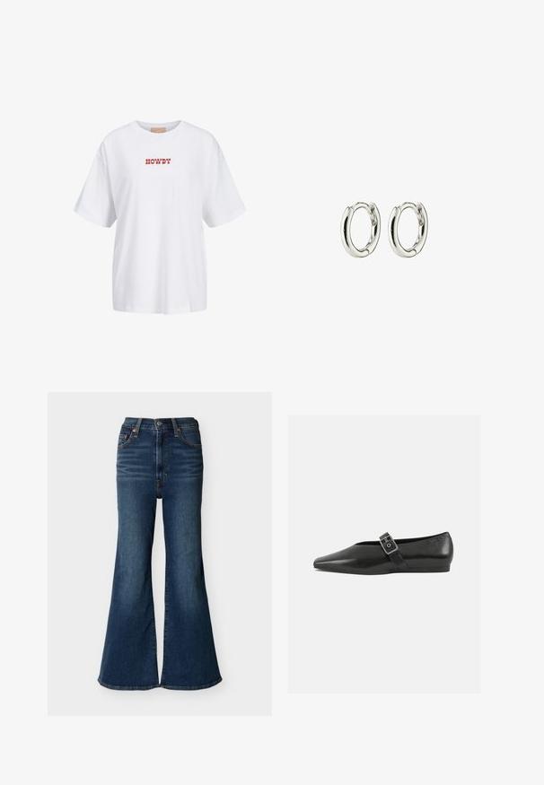 Hvid bomulds t-shirt med korte ærmer, med rød tekst "HOWDY" trykt på forsiden. Løs pasform med rund halsudskæring.; Mørkeblå højtaljede jeans med vidde i benene, lavet af denim, med forlommer og knappelukning foran.; Sorte læder flade sko med spidse tæer, prydet med en metallisk spænde over vristen og en lav, fleksibel sål.; Sølv hoops øreringe med en glat, shiny finish. Rundet form med en sikker lukning. Minimalistisk design med en subtil twist-detalje.