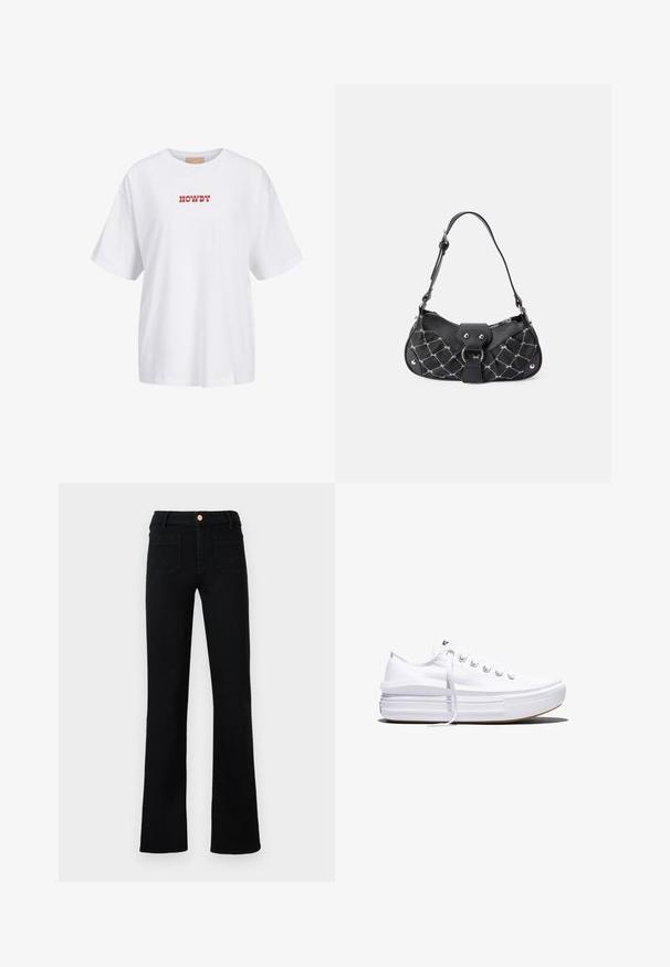 Hvid bomulds t-shirt med korte ærmer, med rød tekst "HOWDY" trykt på forsiden. Løs pasform med rund halsudskæring.; Sorte højtaljede lige ben jeans med frontlomme og kobberknaplukning på en neutral baggrund.; Hvid lavt snørestøvle med tyk plateau-sål, snørelukning foran og gummiforstærket tåkap, set i sideprofil.; Sort håndtaske med quiltet tekstur, der har sølvhardware, en buet form og en enkelt justerbar rem. Lynlås lukning øverst.