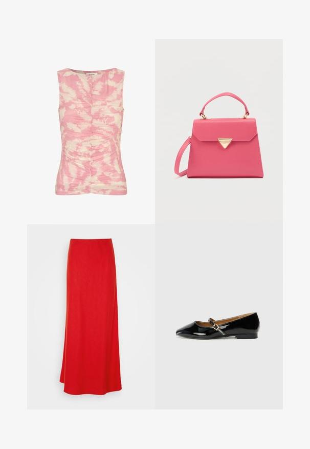 Débardeur sans manches rose et crème avec un motif tie-dye, texture froncée sur le devant et un col rond.; Jupe maxi rouge avec une texture lisse, taille haute et une silhouette fluide. Présente une couleur unie sans motifs ni embellissements.; Chaussure plate en cuir verni noir avec un bout pointu, une bride de cheville avec une boucle en tonalité dorée, et un petit talon carré. Fini lisse et brillant.; Sac à main en similicuir rose avec une forme structurée, une poignée supérieure, une bandoulière réglable et un accent en métal doré triangulaire.