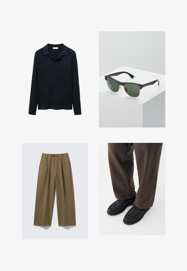 Suéter de punto en azul marino con cuello tipo polo, mangas largas, textura suave y dobladillo que se curva ligeramente hacia arriba. Diseño ligero y casual.; Pantalones de pierna ancha en verde olivo, confeccionados con una tela suave, con cintura elástica y cordón ajustable. Cuenta con dos bolsillos laterales.; Zapatos de cuero negro con un acabado liso, punta redondeada y diseño con cordones, combinados con pantalones marrones texturizados. Vista desde abajo.; Gafas de sol Ray-Ban con lentes verdes, montura de plástico negro y acentos dorados en los bordes. Forma cuadrada con acabado mate.