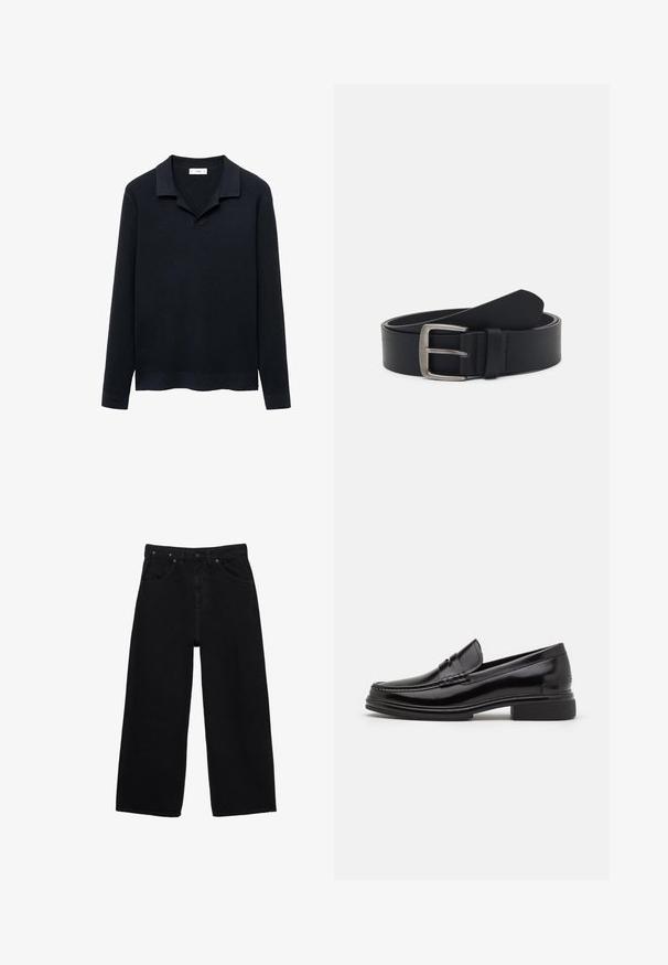 Mørkeblå ribstrikket sweater med polo krave, lange ærmer, blød tekstur og en kant, der let buer opad. Let og afslappet design.; Sorte vidde-ben denimjeans med knaplukning foran, lynlås, bæltestropper og klassisk styling med fem lommer.; Sorte læder loafers med en rund tå, der har en syet detalje over vristen og en lav blokhæl. Glat tekstur og blank finish.; Sorte læderbælte med en spænde i sølvmetal, der har en glat overflade og et klassisk design. Bæltet er rullet op med enden pegende.