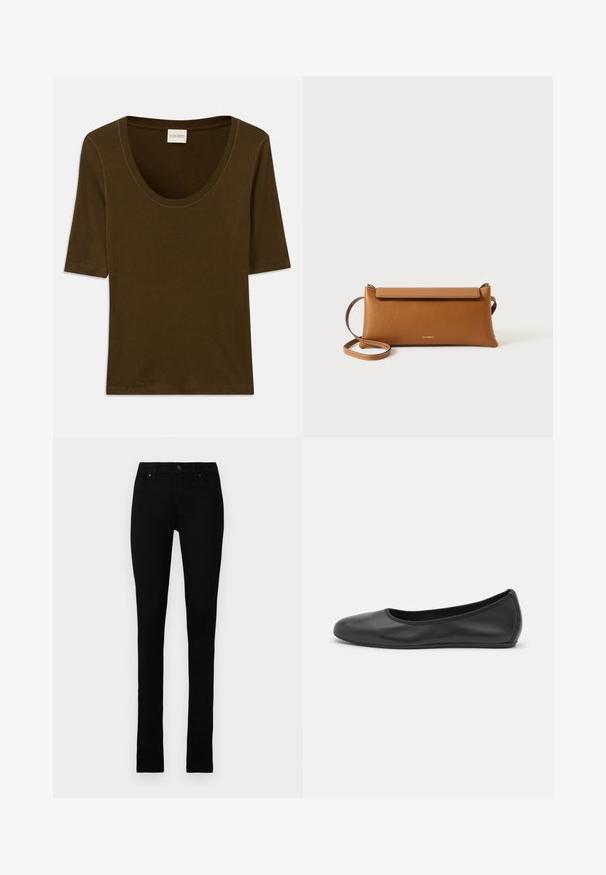 Braunes Kurzarmhemd aus weichem Stoff mit Rundhalsausschnitt und einem einfachen, schlichten Design. Keine Muster oder zusätzlichen Details.; Schwarze Denim-Jeans im Slim-Fit, mit fünf Taschen, Knopfverschluss und einem schlichten Design ohne Verzierungen.; Schwarze Leder-Ballettschuhe mit abgerundeter Spitze, glatter Textur, minimalen Nähdetails und einem flexiblen Sohlen-Design.; Braune Leder-Clutch-Tasche, rechteckige Form, strukturierte Oberfläche, abnehmbarer Tragegurt, Reißverschlussverschluss, dezentes Logo auf der Vorderseite geprägt.
