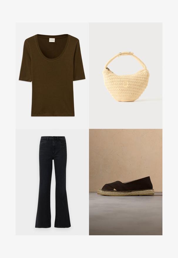 Chemise marron à manches courtes en tissu doux, avec un col arrondi et un design simple et épuré. Aucun motif ni détail supplémentaire.; Jean flair noir taille haute avec poches avant, passants de ceinture et fermeture à bouton sur fond blanc.; Chaussure espadrille marron foncé avec semelle tissée flottant au-dessus d'un tapis beige texturé, table basse en bois et livres empilés en arrière-plan.; Sac à main beige tissé avec corps arrondi, fermeture éclair et une sangle courte et épaisse dans un style crochet simple et texturé.