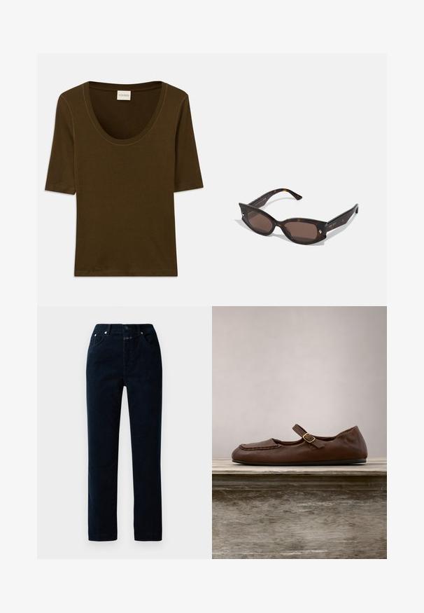 Chemise marron à manches courtes en tissu doux, avec un col arrondi et un design simple et épuré. Aucun motif ni détail supplémentaire.; Pantalons en velours côtelé bleu marine avec une coupe droite, dotés de poches avant, d'une fermeture éclair et de boutons en métal sur la taille.; Chaussure plate Mary Jane en cuir marron avec bride à boucle, posée au-dessus d'une table en bois à l'extérieur avec un fond de feuillage vert.; Lunettes de soleil écaille de tortue avec une forme cat-eye, verres bruns, accents dorés sur la monture et branches texturées ornées de petites clous décoratifs.