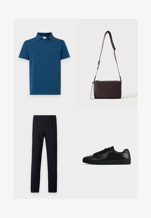 Camiseta tipo polo de manga corta en algodón azul oscuro sólido con un cuello clásico y sin patrones o adornos visibles.; Pantalones negros con acabado texturizado, con corte recto, presillas para cinturón y pliegues marcados en la parte delantera. Sin bolsillos visibles.; Zapatilla de cuero negra de perfil bajo con cordones negros y una suela negra gruesa, mostrada de lado sobre un fondo gris claro.; Bolso bandolera de cuero marrón oscuro con textura, correa ajustable y pequeño adorno decorativo azul en el lateral.