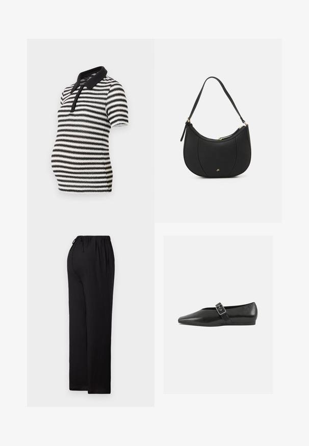 Schwarz-weißer gestreifter Poloshirt mit kurzen Ärmeln, schwarzem Kragen und Knopfleiste, entworfen für Umstandsmode.; Schwarze, lässige Hose aus leichtem Material. Sie hat einen elastischen Bund mit Kordelzug, ein gerades Bein und einen flachen Saum.; Schwarze Lederflachschuhe mit spitzem Zehenbereich, ausgestattet mit einem metallischen Riemen über dem Spann und einer niedrigen, flexiblen Sohle.; Schwarze Lederhandtasche mit geschwungenem Design, strukturiertem Material, vorderen Nähten und einem Logo in Goldtönen. Verfügt über einen einzelnen verstellbaren Tragegurt.