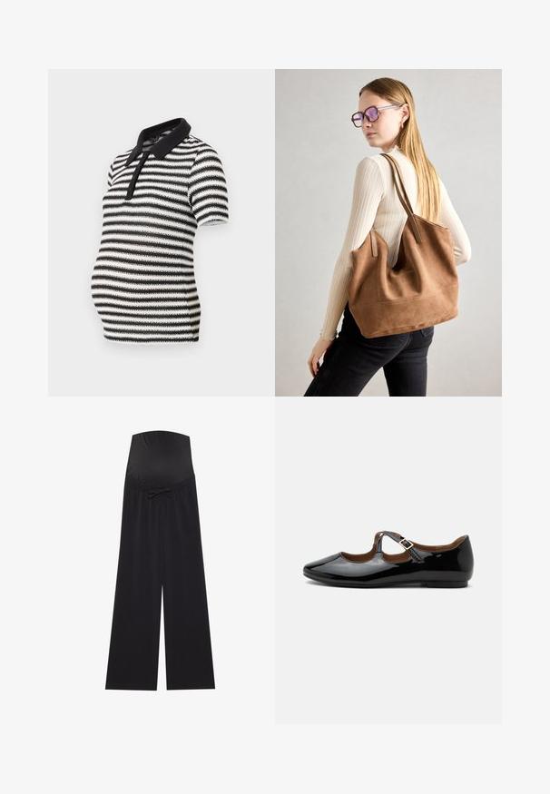 Chemise polo à rayures noir et blanc à manches courtes, avec un col noir et une fermeture à boutons, conçue pour le port pendant la grossesse.; Pantalons de maternité noirs avec une ceinture large et extensible, ornée d'un nœud. Fabriqués en tissu doux, ils présentent une coupe ample et des jambes larges.; Chaussure plate Mary Jane en cuir verni noir avec deux découpes et une bride à boucle dorée sur fond blanc.; Sac fourre-tout en daim marron avec une texture douce, grande ouverture et longues sangles. Présente un design simple avec des coutures visibles et sans matériel.