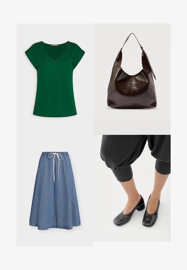 Grünes Kurzarm-T-Shirt mit V-Ausschnitt-Design, gefertigt aus weichem Baumwollstoff, mit klaren Linien und lockerer Passform.; Blauer A-Linien-Jeansrock mit elastischem Bund und weißer Zugkordel, knielang, vor schlichtem hellgrauem Hintergrund.; Füße, die schwarze, quadratische Schuhe mit niedrigem Blockabsatz und Krokodilmuster sowie gekürzte schwarze Hosen vor weißem Hintergrund tragen.; Dunkelbraune glänzende Lederschultertasche mit einem breiten einzelnen Riemen und Schnallendetail auf einer Seite, vor einem schlichten hellen Hintergrund.