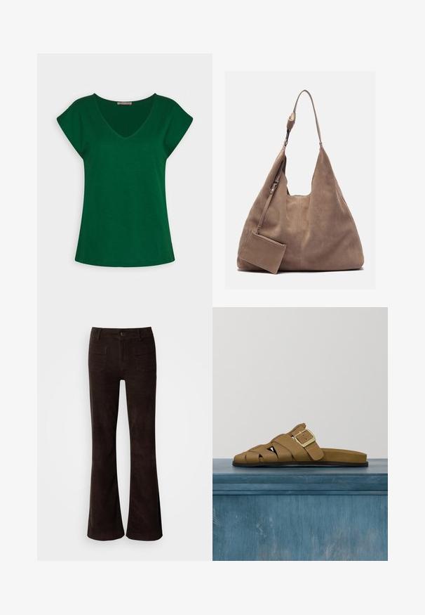 Grünes Kurzarm-T-Shirt mit V-Ausschnitt-Design, gefertigt aus weichem Baumwollstoff, mit klaren Linien und lockerer Passform.; Braune Cord-Flared-Hose mit hoher Taille, vorderer Knopfverschluss und zwei Gesäßtaschen. Glatte Textur mit leicht glänzendem Finish.; Hellbraune Wildleder-Herrensandale mit goldener Schnalle, überkreuzten Riemen und schwarzer Sohle, zeigt, wie sie über einem grauen Boden und unscharfem Hintergrund schwebt.; Zign Shopping Bag - light brown