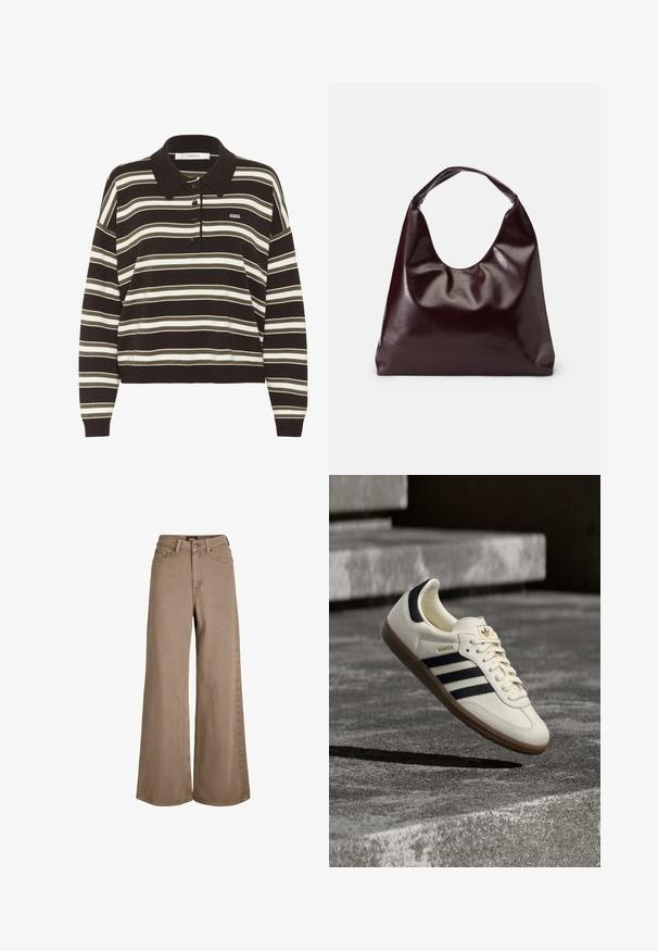 Camisa polo de manga larga con rayas horizontales en marrón, beige y blanco, con una tapeta de botones y un pequeño logo "BG" en el pecho.; Vaqueros marrones de mezclilla de pierna ancha con bolsillos delanteros, trabillas para el cinturón y cierre de botón.; Zapatilla blanca Adidas Samba con franjas negras y suela de goma, flotando sobre escalones de hormigón gris texturizado.; Bolso tote vegan de cuero brillante en burdeos, con una forma suave y escultórica y un asa ancha y curvada para facilitar el transporte.