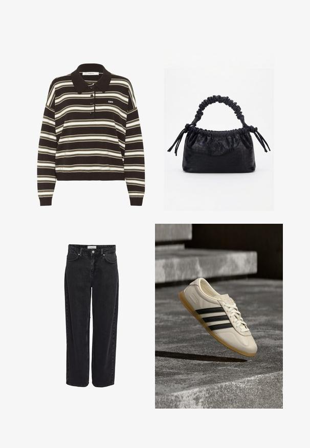 Polo à manches longues avec des rayures horizontales marron, beige et blanches, patte de boutonnage et petit logo "BG" sur la poitrine.; Jean en denim noir taille haute, coupe large, avec cinq poches et fermeture éclair. Texture lisse avec détails de couture minimaux visibles.; Baskets blanches avec des bandes noires et une semelle en gomme flottant au-dessus d’escaliers en béton dans une lumière douce du jour.; Sac à main noir avec texture crocodile, bord supérieur froncé, poignée plissée et pompons à cordon de chaque côté sur fond blanc.